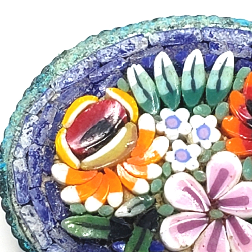 Vintage Micro Mosaic Raised Floral Oval Pin Brooch Purple Teal C Clamp - Picture 3 of 12